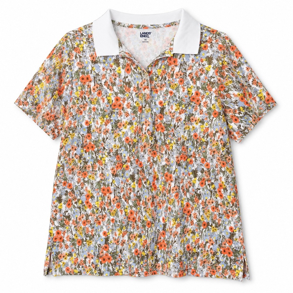 Lands End Floral Polo Shirt Womens 1X Multicolor Excellent Short Sleeve Cotton